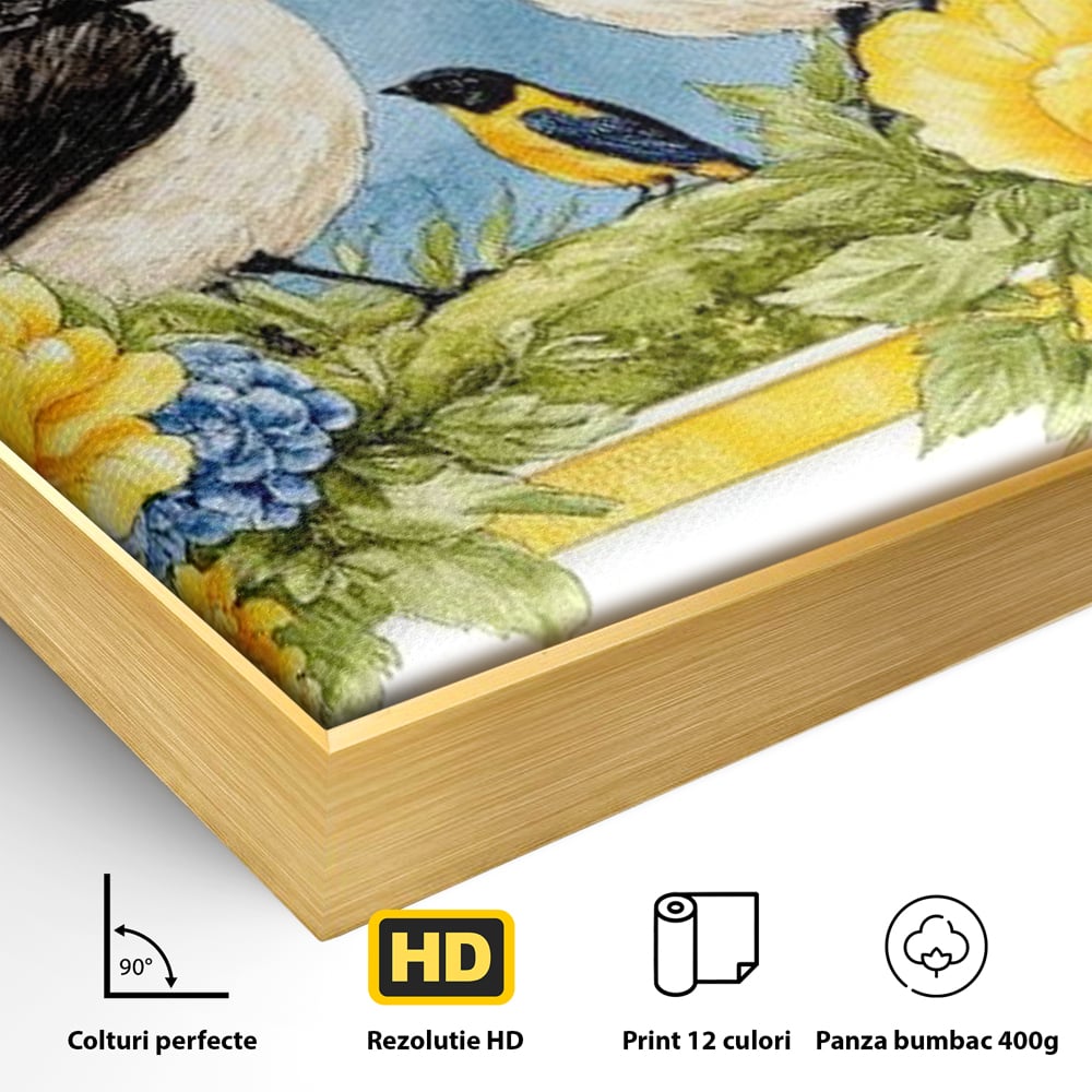 Detaliu al suprafetei: tablou canvas cu pasari si flori, in rama de aluminiu auriu